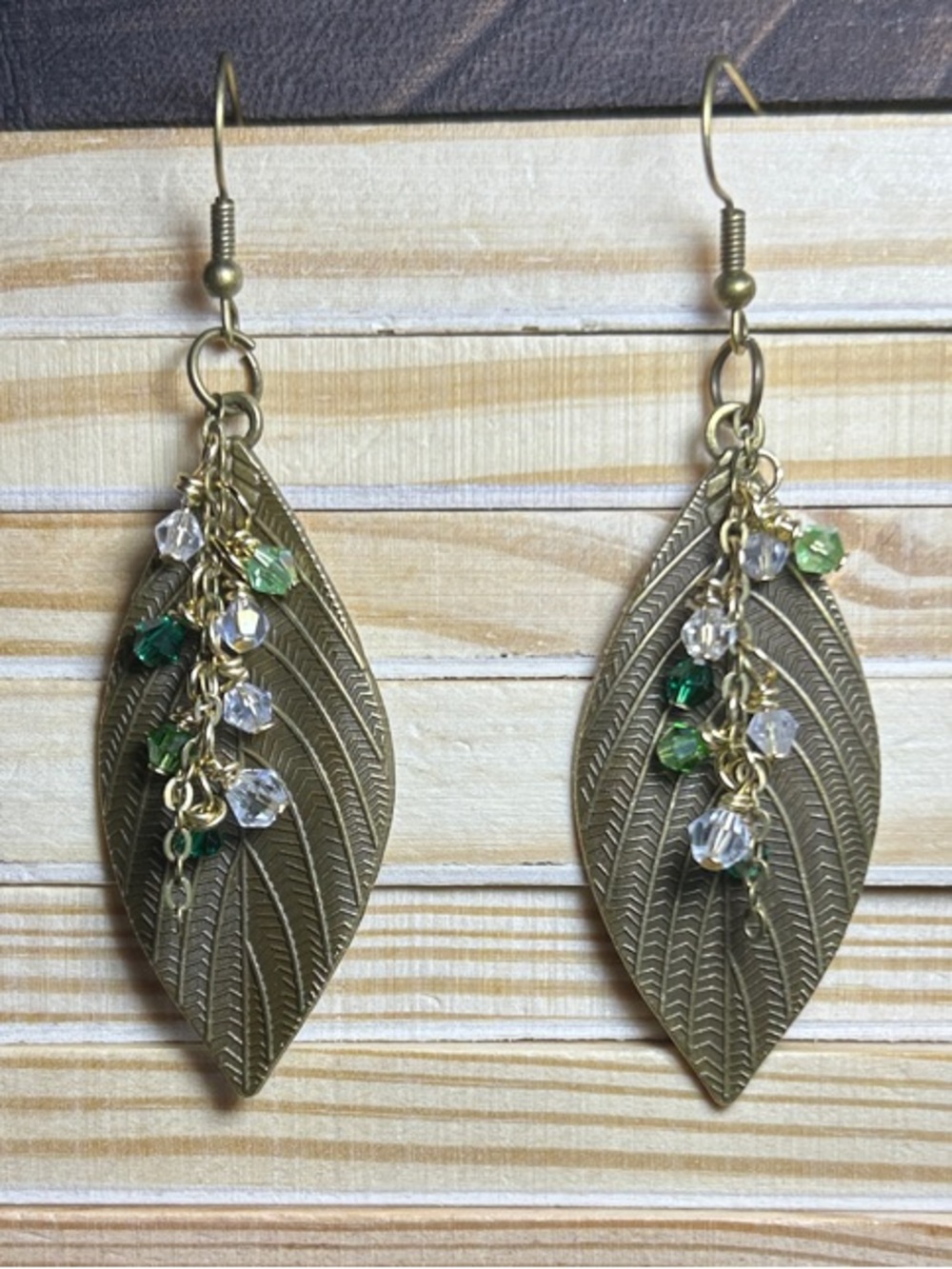 3/$25 Leaf Drop Earrings with Green and Clear Crystal Accents